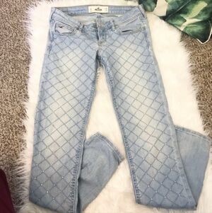 Hollister Light Blue Skinny Jeans with Diamond Stictches & Rhinestones